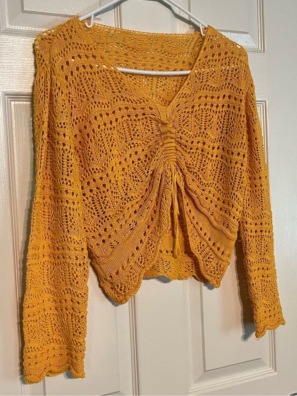 Knit Drawstring V-Neck Sweater Mustard Yellow - Size M